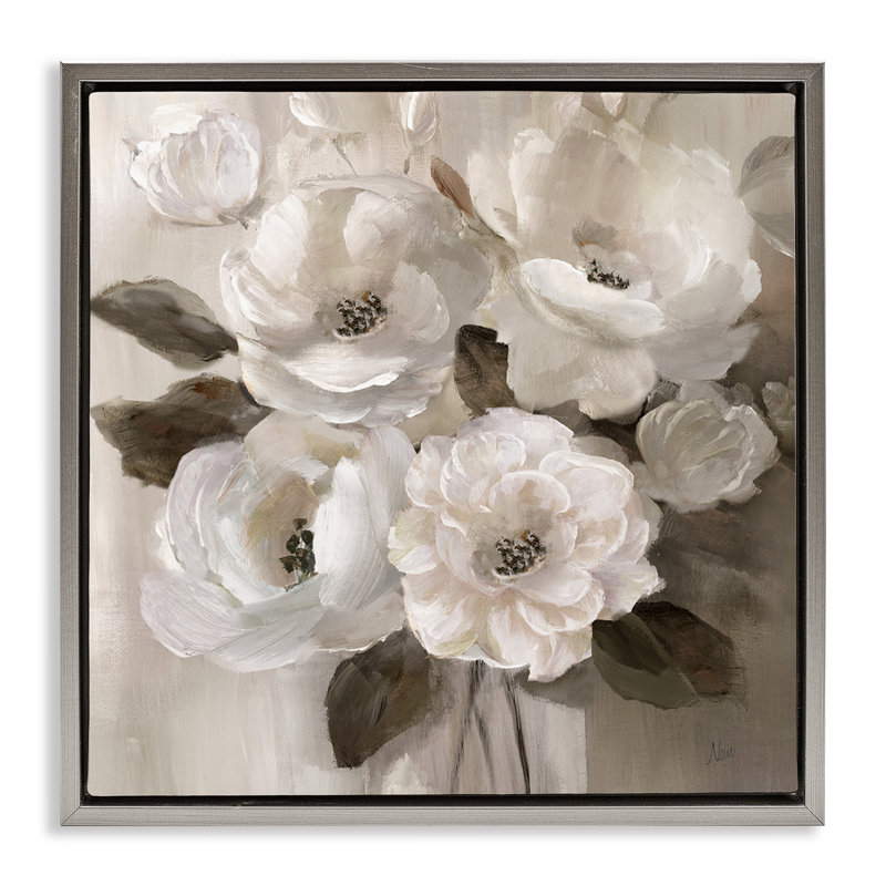 Cadre flottant ivoire fleur boisseau, design par Nan, H 18 po x l 18 po, Cadre flottant gris lustré