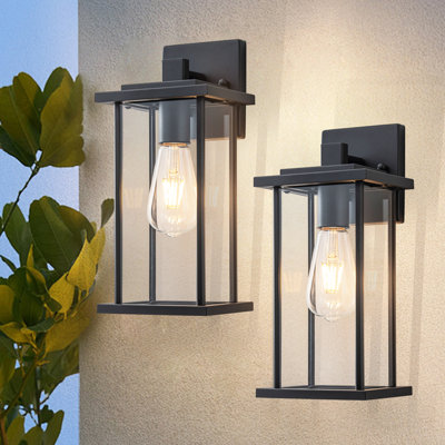 Ensemble de 2 lumières murales d'extérieur noir mat avec abat-jour en verre transparent