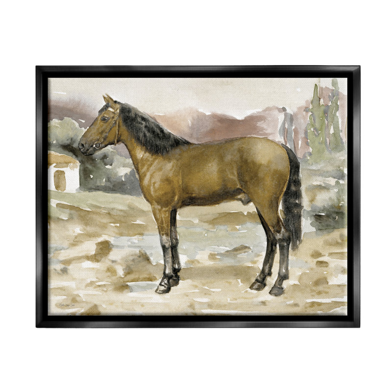 Scène de campagne champêtre brun - Peinture, H 17 po x l 21 po x P 1,7 po, Cadre flottant noir de jais