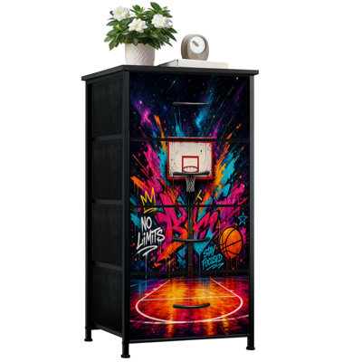 Dresser for Bedroom with 4 Storage Drawers Graffiti Basketball Colorful Sport Court Retro Crown Ball Basketball Dressers Chest of Drawers Steel Framed Fabric Closet Organizers for Dorm Entryway