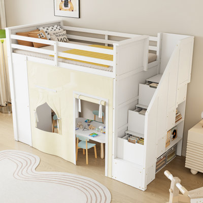 Lit mezzanine simple avec bureau, casiers, escalier de rangement et deux tiroirs - lit mezzanine pour enfants, blanc