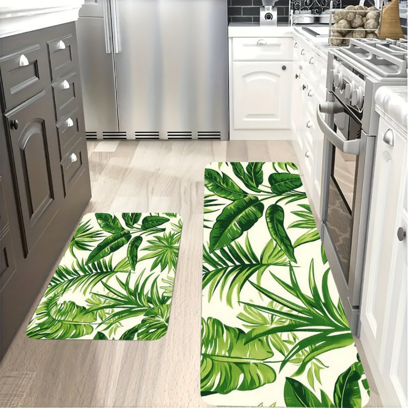 Green Tropical Leaf Kitchen Mats, Set of 2, for Kitchen & Bathroom