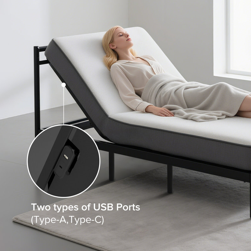Base de lit réglable avec tête de massage et pied incliné, télécommande sans fil pour très grand lit, deux types de ports USB: Type-A et Type-C, veilleuse à DEL, 4 pieds réglables en hauteur Assemblage facile