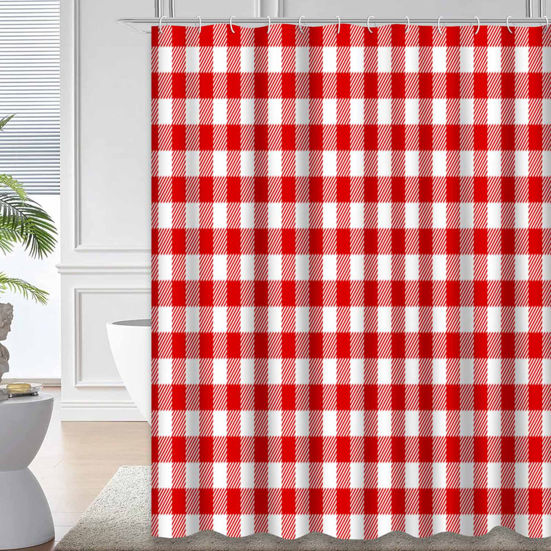 Rideau de douche rouge à motif italien avec 12 crochets, L 72 po x l 78 po, Vichy rouge 2