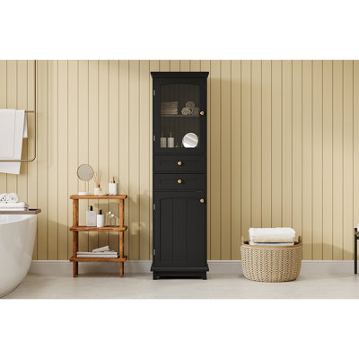 63" Tall Bathroom Storage Cabinet With Glass Doors, Free-Standing, Two Drawers, And Adjustable Shelves, MDF Board