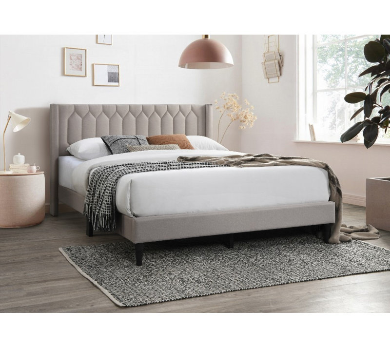 Structure de lit moderne grand avec toile de jute brun clair et motif à losanges unique, aucun sommier requis, support robuste
