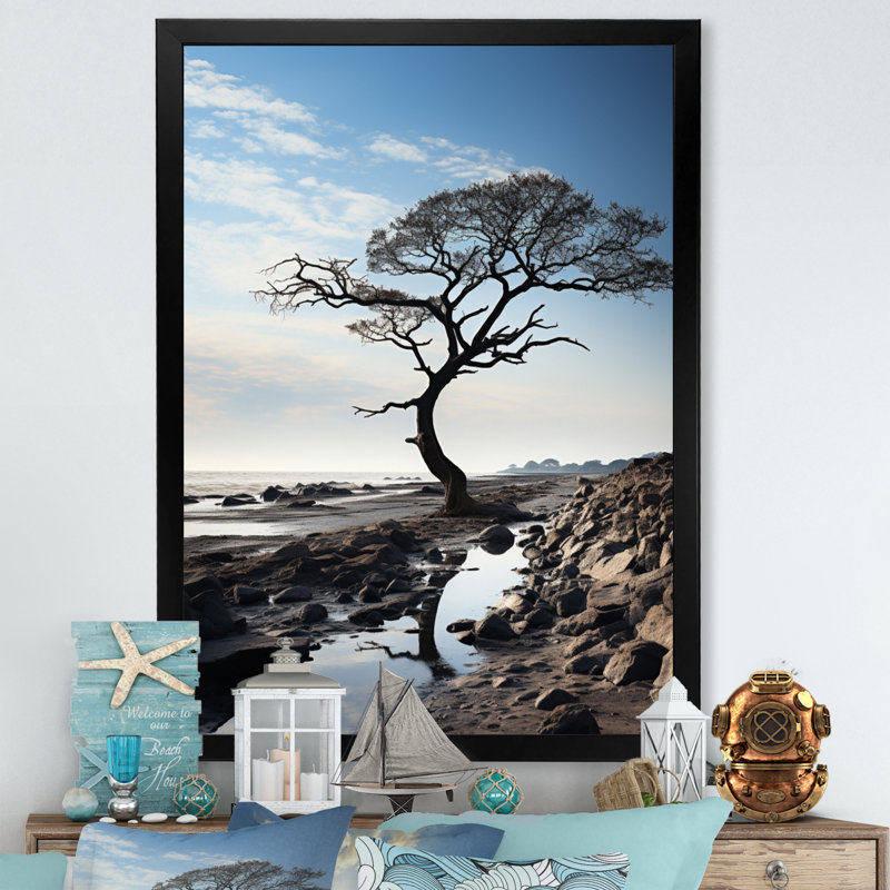 Arbre en bord de plage Harmony II - art mural floral salon, H 40 po x l 30 po x P 1,5 po, Cadre photo noir