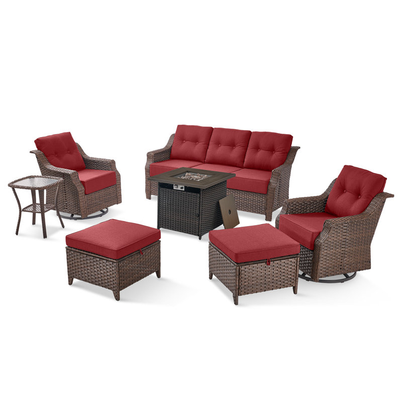 Elona 7-Piece All-Weather Outdoor Wicker Square Fire Pit Conversation Set With Swivel Gliders, Ottomans And Side Table For Patio