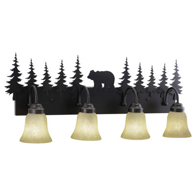Luminaire de salle de bain rustique en bronze bruni 4 lumières Homar à 4 lumières de large Homar, abat-jour en verre ambré, ours et arbres, à intensité variable, compatible avec DEL, fixation murale au-dessus du miroir