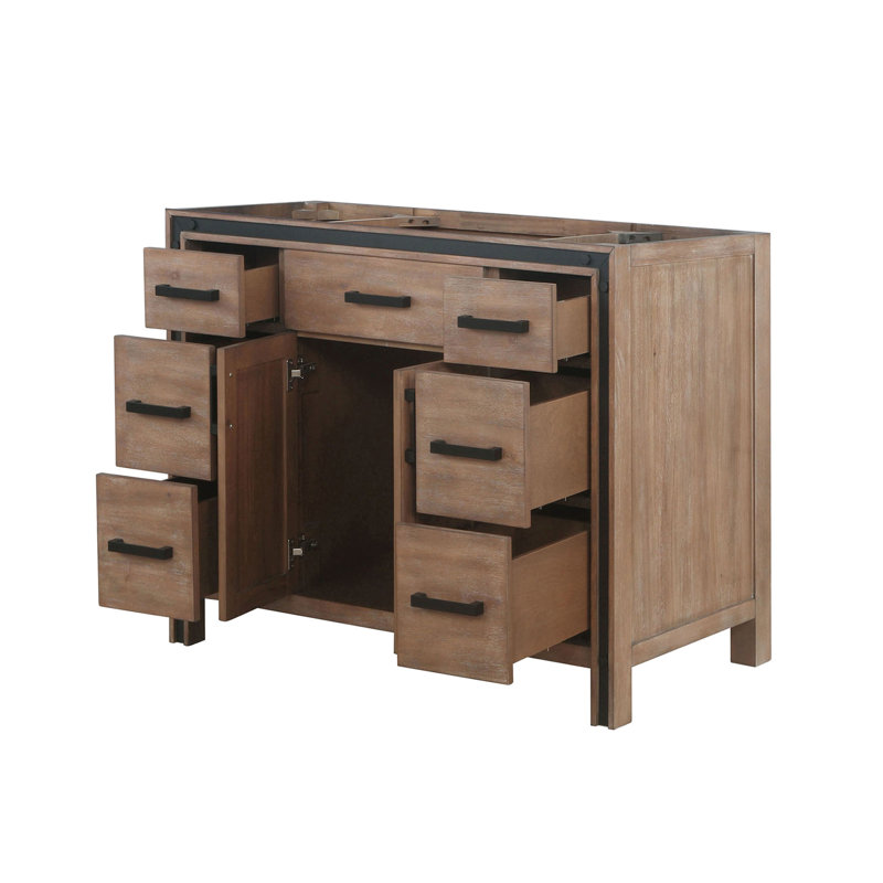 48 po Meuble-lavabo large et rustique, système de tiroir et d'armoire à fermeture en douceur, six tiroirs pour un rangement abondant, structure en bois massif avec contreplaqué E0, installation simple entièrement assemblée, compatible avec le plateau vendu