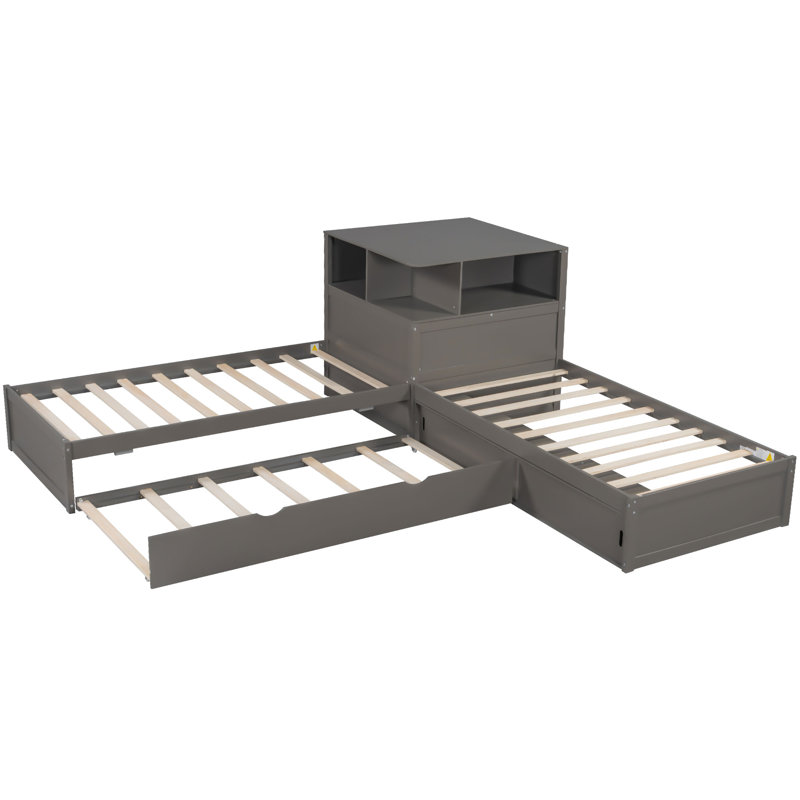 Lit plateforme simple en L avec armoires de rangement, bureau, lit gigogne et lumière DEL, gris, Gris