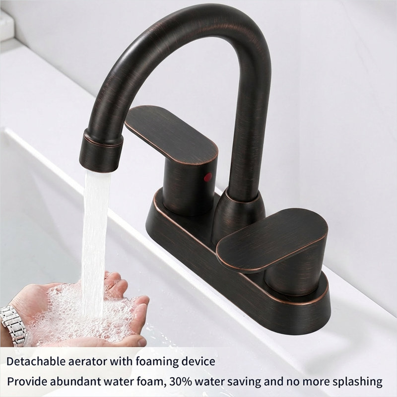 Robinet pour salle de bain 4 pièces en bronze huilé avec commande à deux poignées, bec pivotant à 360 degrés, robinet de salle de bain