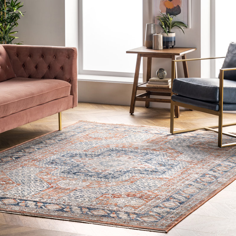 Performance Distressed Traditional Orange/Black/White Rug, Rectangle 4' x 6' 3"
