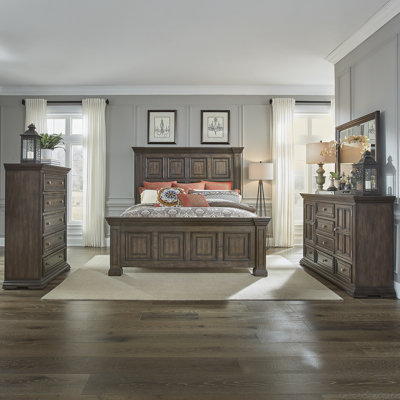 Ensemble de chambre à coucher avec lit à panneaux, commode et miroir Temple Cloud