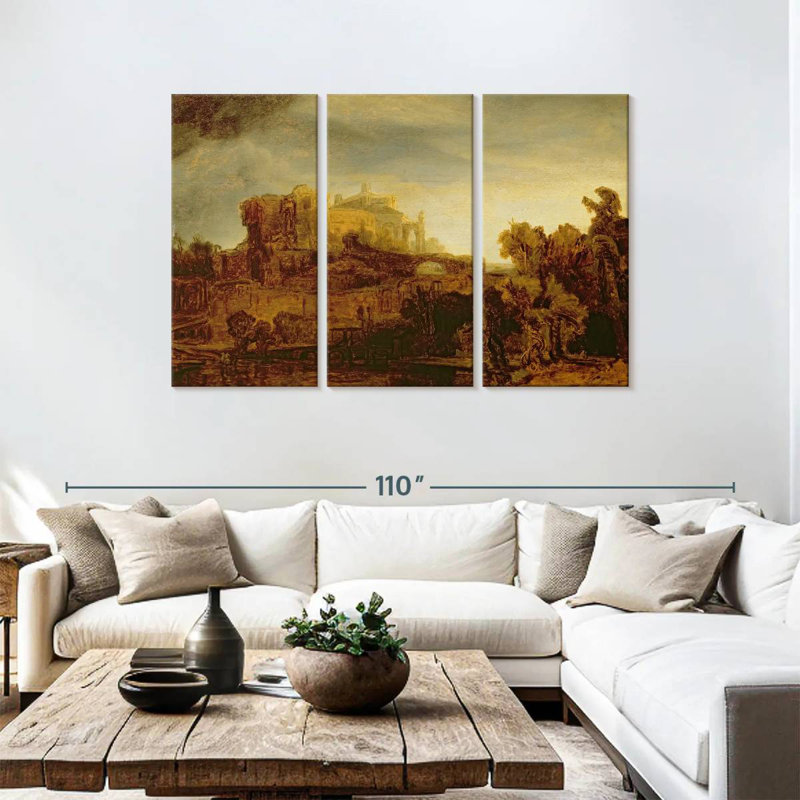 Lilie paysage avec un château, H 48 po x l 74 po