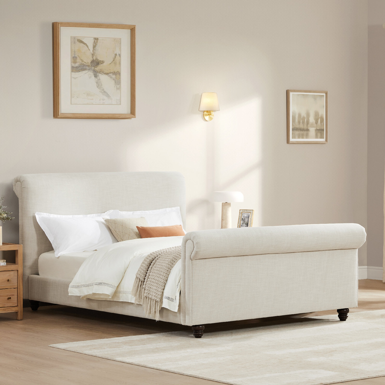 Berks Upholstered Platform Bed, Queen, Effie Linen Performance Linen