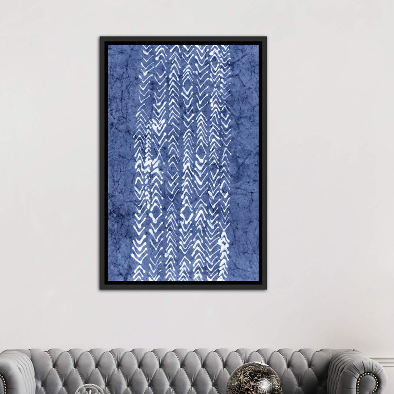 « primitive indigo patterns v » par renee stramel-impression sur image, H 60 po x l 40po x P 1,5 po, Toile avec cadre noir