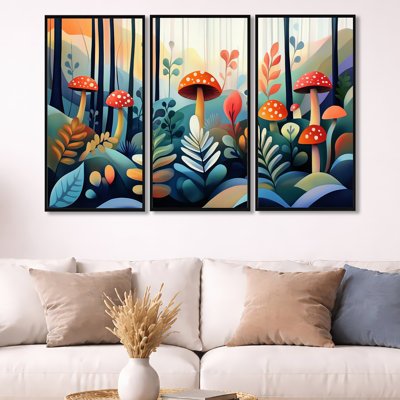 Blue Orange Ferns Mushroom Forest – Botanical Wall Art Set of 3