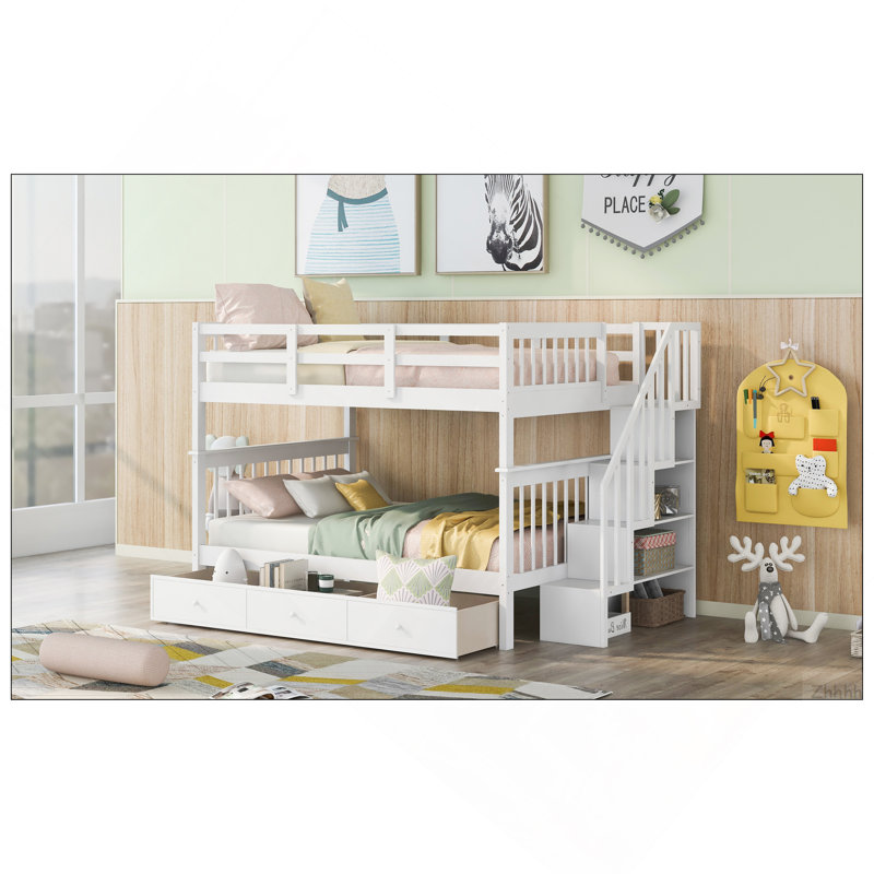 Lit superposé double avec tiroir, rangement et barrière de sécurité pour chambre à coucher Stairway, White