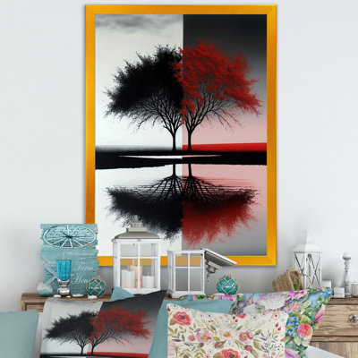 Arbres abstraits rouges et noirs au bord du lac - forêt, art mural