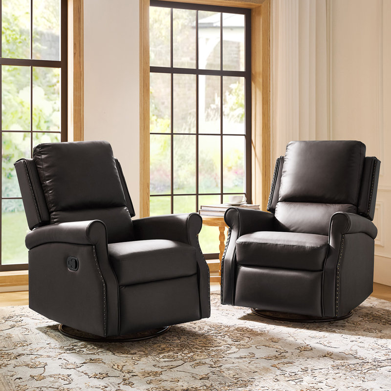 Philip 38" Traditional Leather Swivel Rocker Manual Recliner (Set of 2), Brown