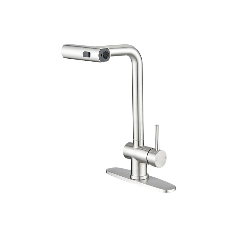 Un robinet de cuisine à cascade avec pomme de douche rétractable, poignée simple et rotation à 360 °., Nickel brossé