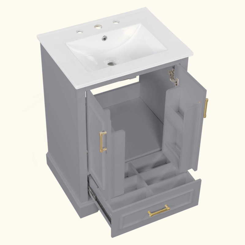 Meuble-lavabo de salle de bain avec lavabo, armoire en panneau de fibres à densité moyenne avec cadre en bois massif, 1 tiroir divisé et 2 portes à fermeture douce avec double tablette sur la porte, meuble-lavabo autoportant (robinet non inclus)