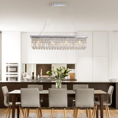 Modern crystal chandelier for dining room, 8-light white rectangular teardrop chandelier, modern rectangular pendant for kitchen island/bar counter L39.4'‘ x W9.8’' x H8.7'' (bulbs not included)