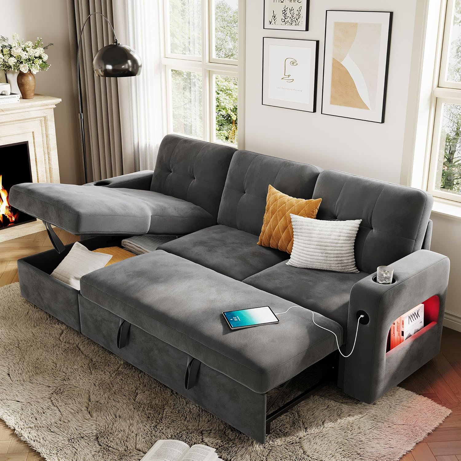 Ivy Bronx 84" Modern L-Shaped Sleeper Sofa With Storage & Charging ...
