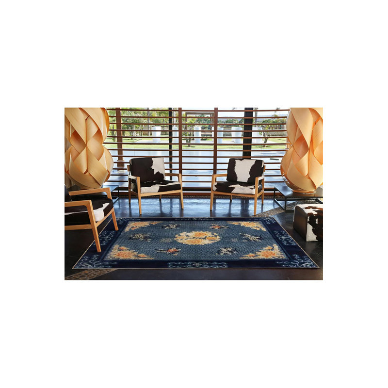 Navy Themed Motif Floral Patterned Vintage Decorative Rug, Square 3'3" Rug Pad Included
