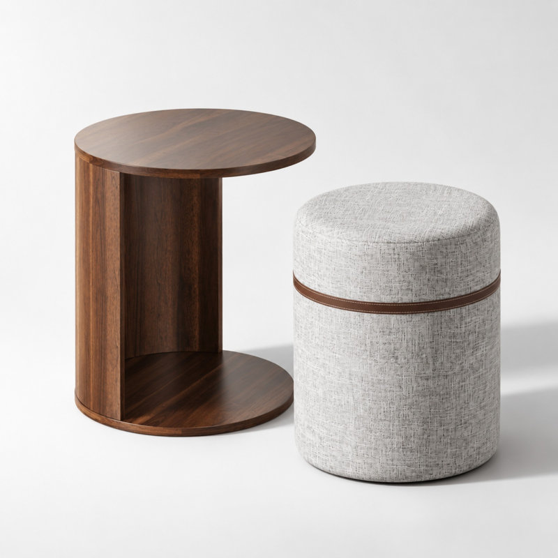 Round End Table with Pull-Out Upholstered Stool and Storage