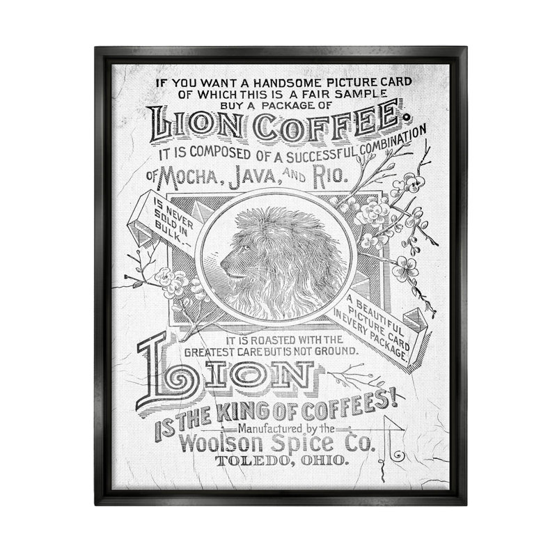 «Vintage Lion Coffee», affiche giclée par Lil 'Rue, H 21 po x l 17 po x P 1,7 po, Cadre flottant noir de jais