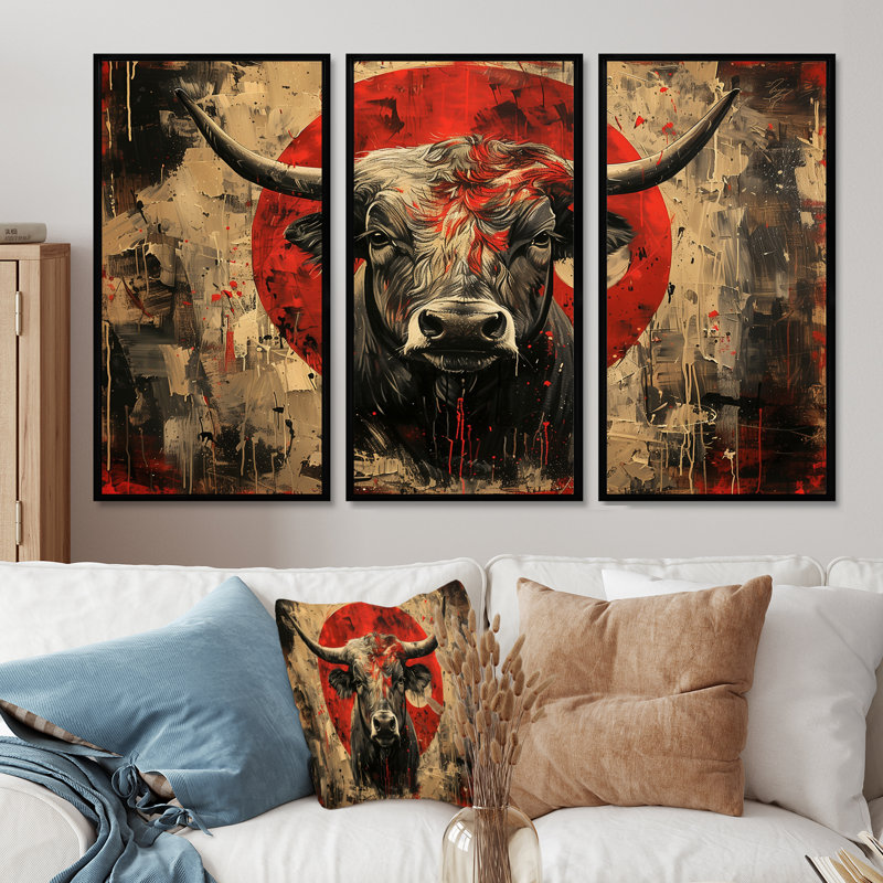 Taureau rouge «Astrology Bulls Courage» - ensemble d'art mural bovins, H 28 po x l 36 po, Cadre flottant noir