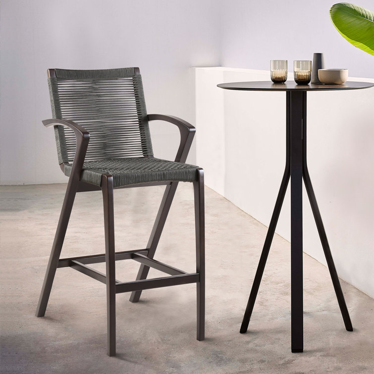 Aleksandrina Outdoor Counter or Bar Height Bar Stool with Arms in Eucalyptus Wood and Rope