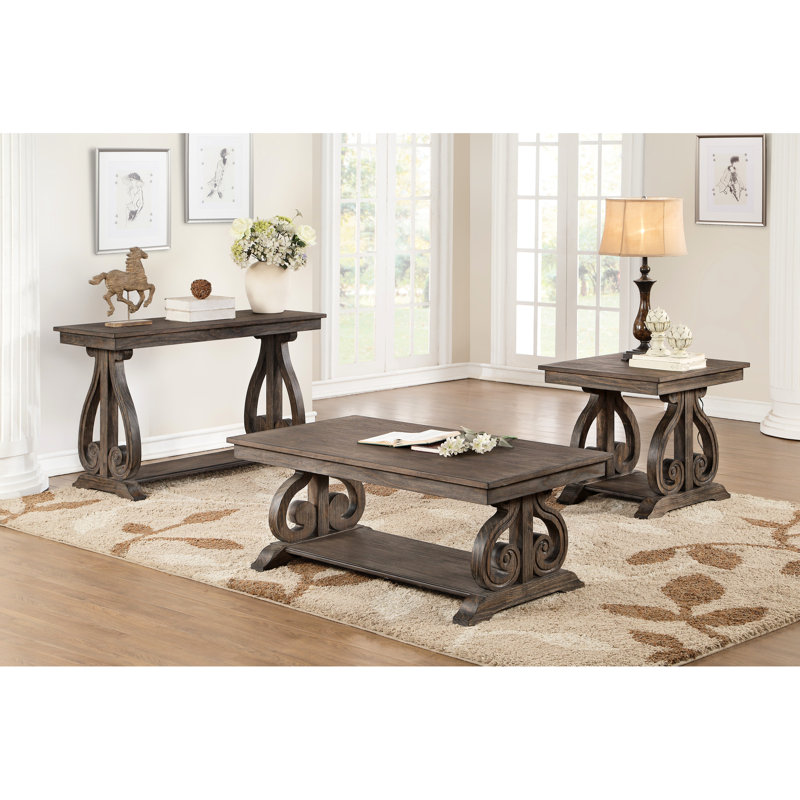 Table de bout en chêne foncé Amma avec base à volutes et tablette pratique