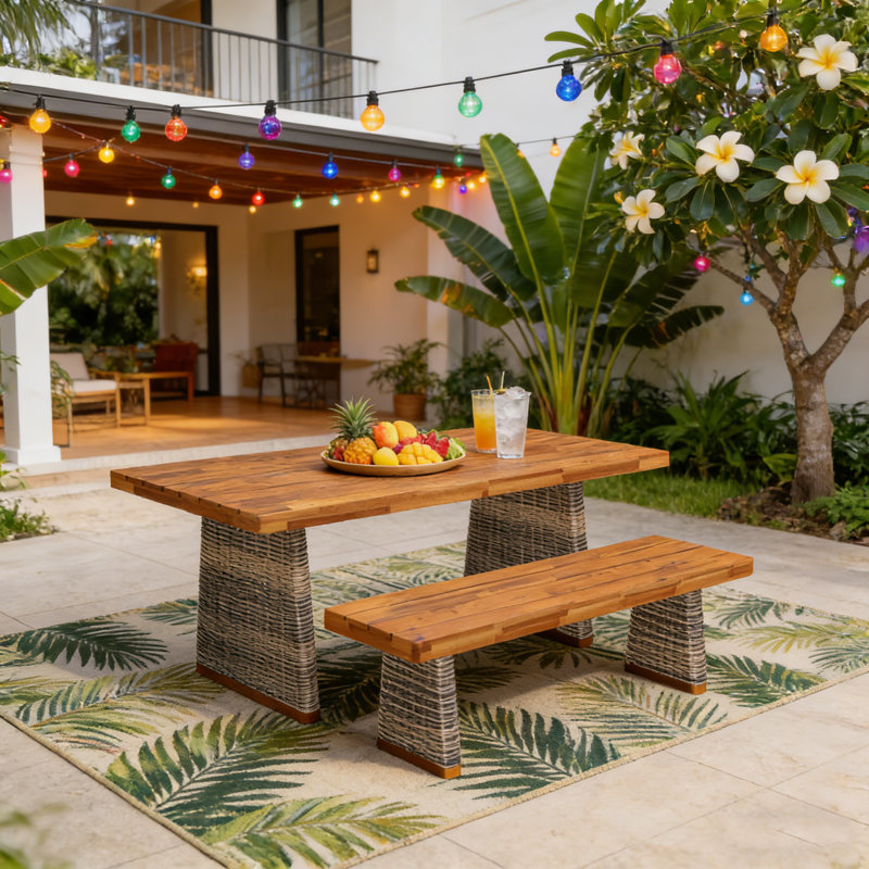 Ensemble de salle à manger d'extérieur en bois d'acacia avec table à lattes et banc pour une réception de patio durable et élégante.