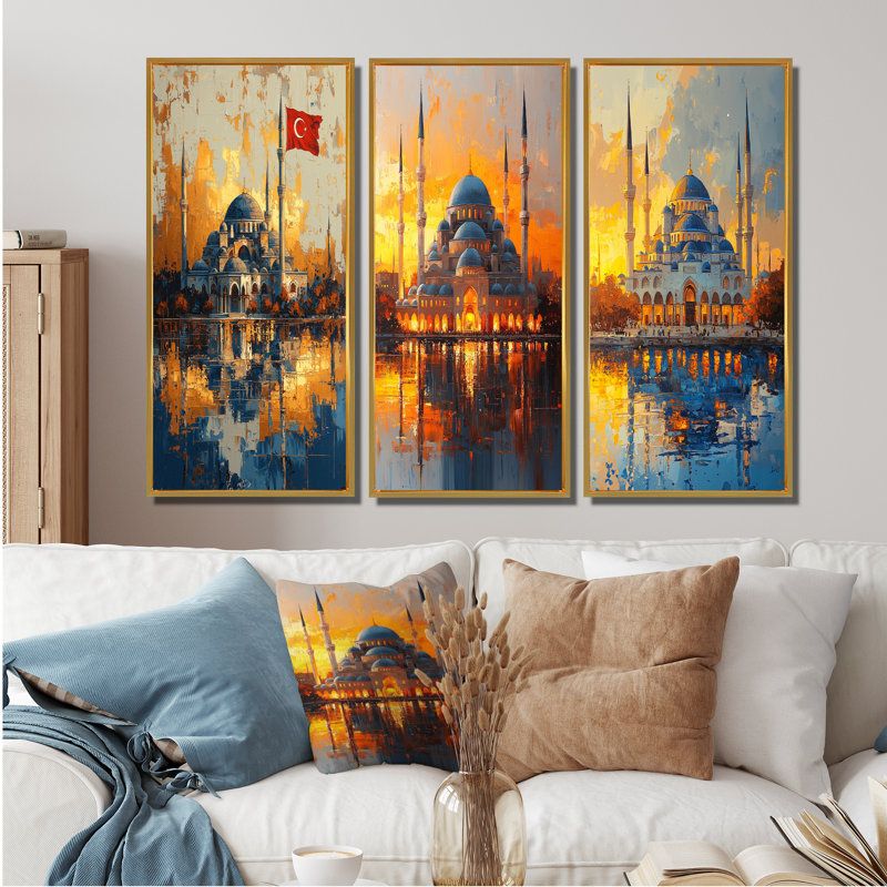 Istanbul, mosquée jaune Sultanahmet I - Collection d'impressions sur toile 3 pièces, 40" H x 60" W, Gold
