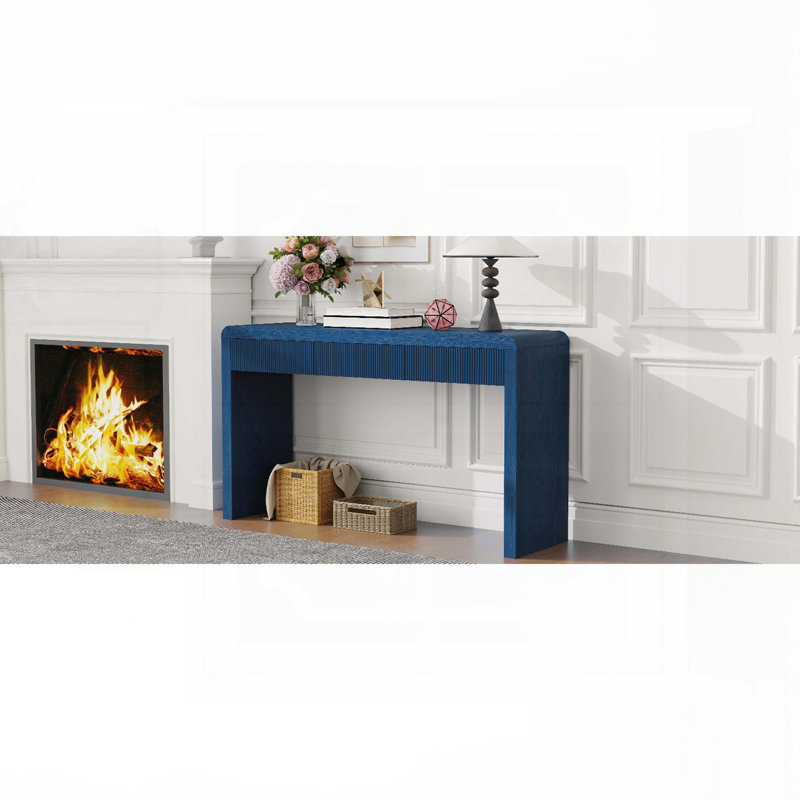 Rustic Console Table with 3 Fluted Drawers – Solid Wood Veneer, Navy