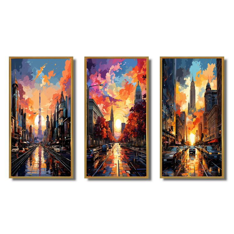 «City Detroit Popart III», 3 pièces, Encadrement doré, H 32 po x l 48 po