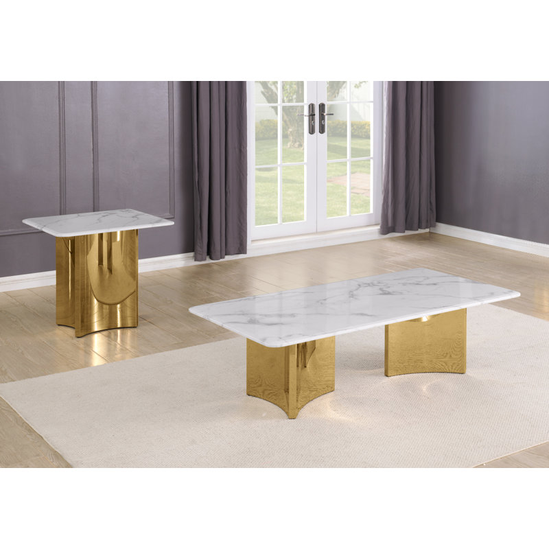 Ensemble de 2 tables basses en marbre blanc, 2 Pieces: Coffee Table, End Table