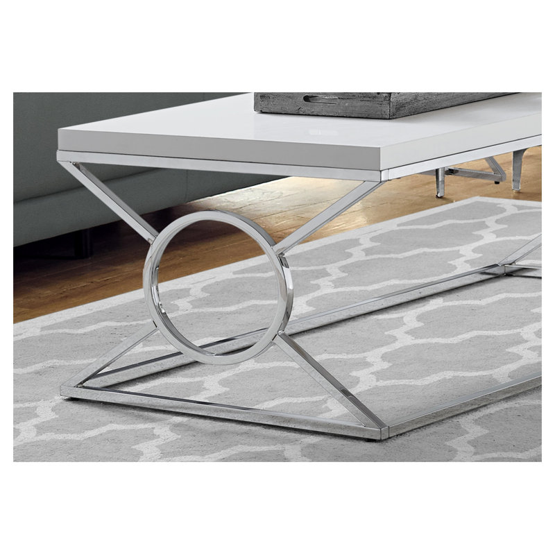 Table basse de 44 po avec plateau en stratifié blanc brillant et structure en métal chromé à base en X