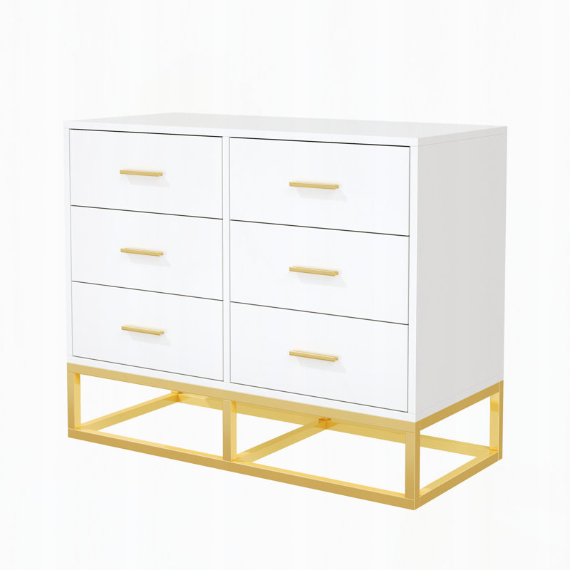 Commode moderne à 6 tiroirs avec pattes et poignées en métal, Gold+White