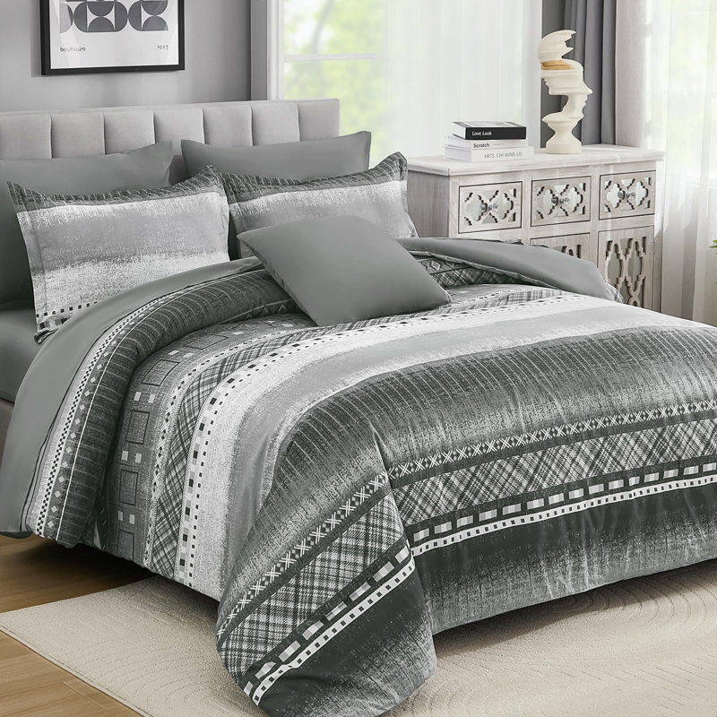 8-Piece Striped Comforter Set, All Season Boho Microfiber Bed in a Bag with Sheets, King Comforter + 7 Additional Pieces