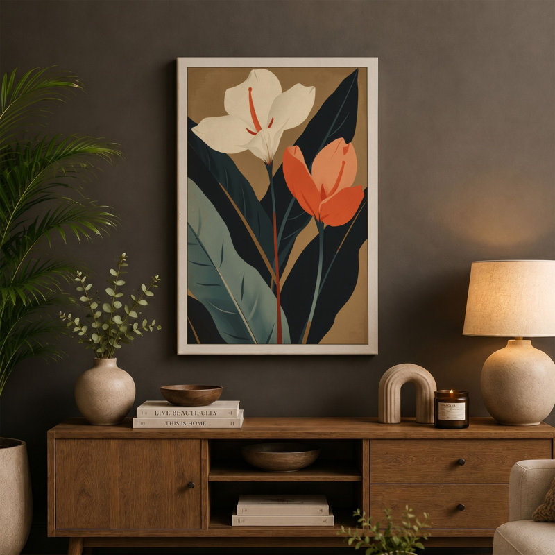 Twin Botanical Stems Art Deco 1 Piece Wrapped Canvas Wall Art, 18x12 - 45.7 x 30.5 cm, White Border