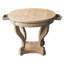 Table de salle à manger ronde, de style moderne, dimensions compactes, pieds galbés, aspect bois naturel, 2 tiroirs de rangement, placage de sapin sur les côtés, plateau
