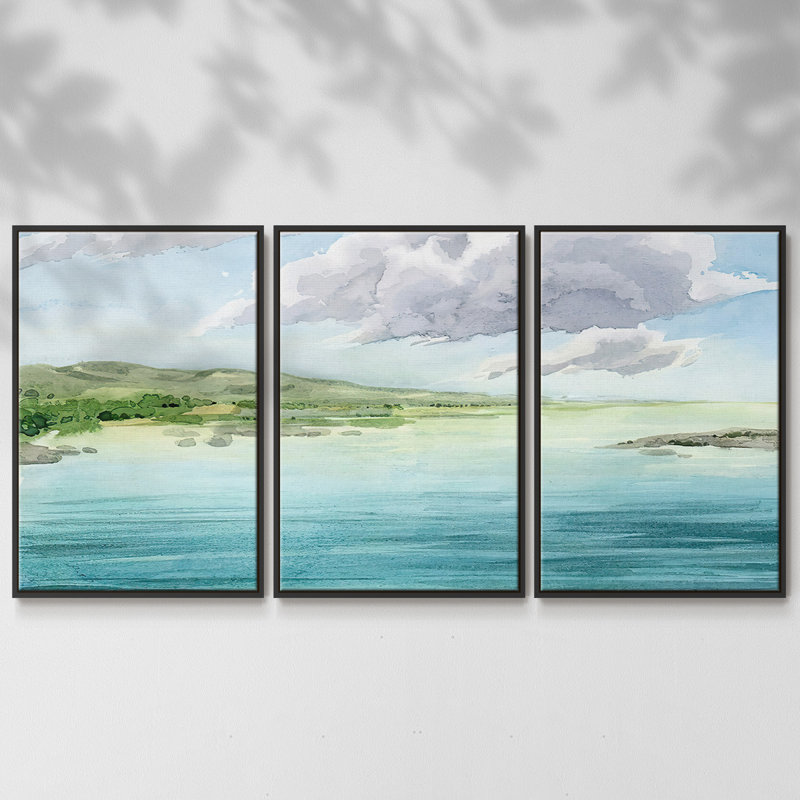 "Clear Lagoon II", peinture sur toile 3 pièces, Cadre noir, H 36 po x l 75 po