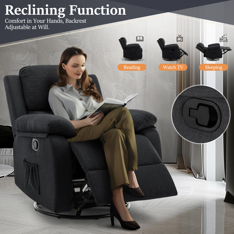 Black Fabric Swivel Recliner with Wood Frame