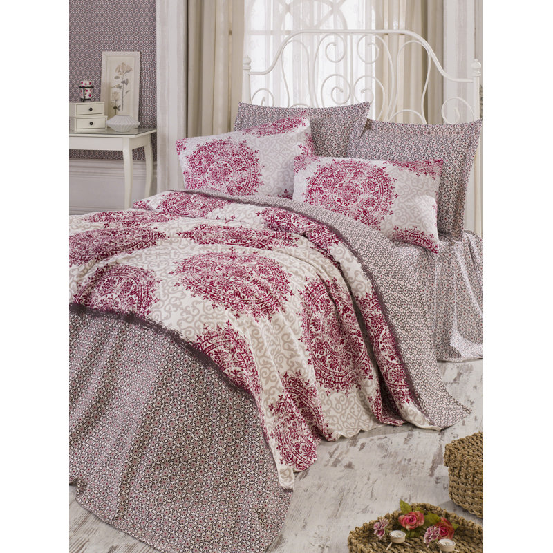 Ensemble de courtepointe 100% coton beige / rouge 3 pièces Berteau