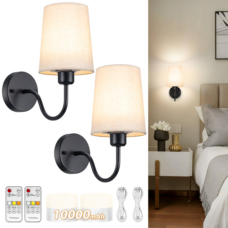 Ensemble de deux appliques murales à piles, 13 000 mah, applique murale rechargeable avec télécommande, à intensité variable, sans fil, à pile, pour décor de chambre à coucher, noir