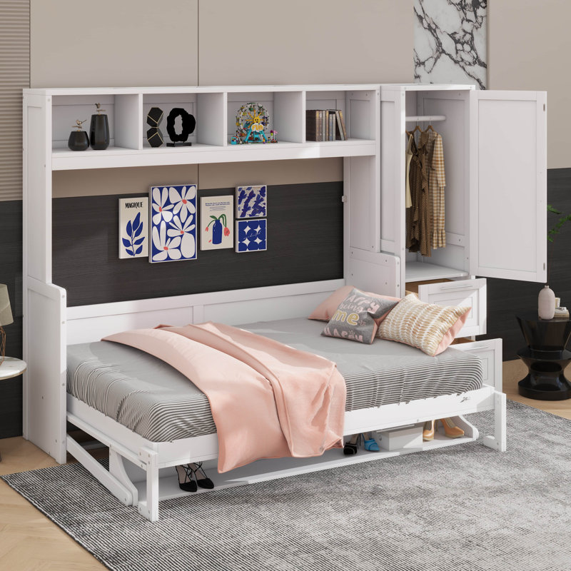 Lit escamotable peu encombrant avec garde-robe intégrée et rangement pour tiroirs, Double, Blanc